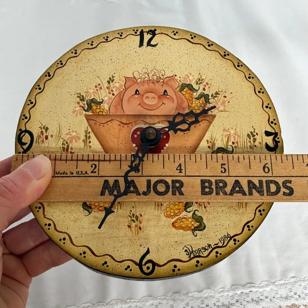 Vtg Pig Folk Art Clock Hand Painted Wood 1986 Country Farmhouse Cottage Kitsch